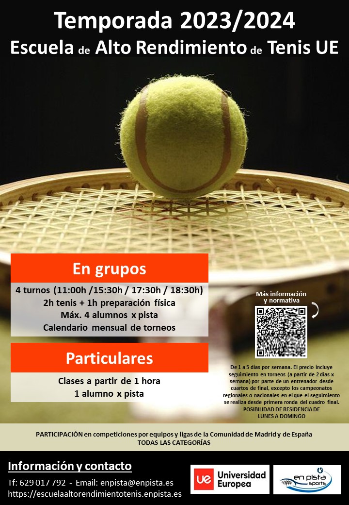 Clases en la Escuela de Alto Rendimiento de Tenis UE 2023-2024. Abierto el plazo de inscripción